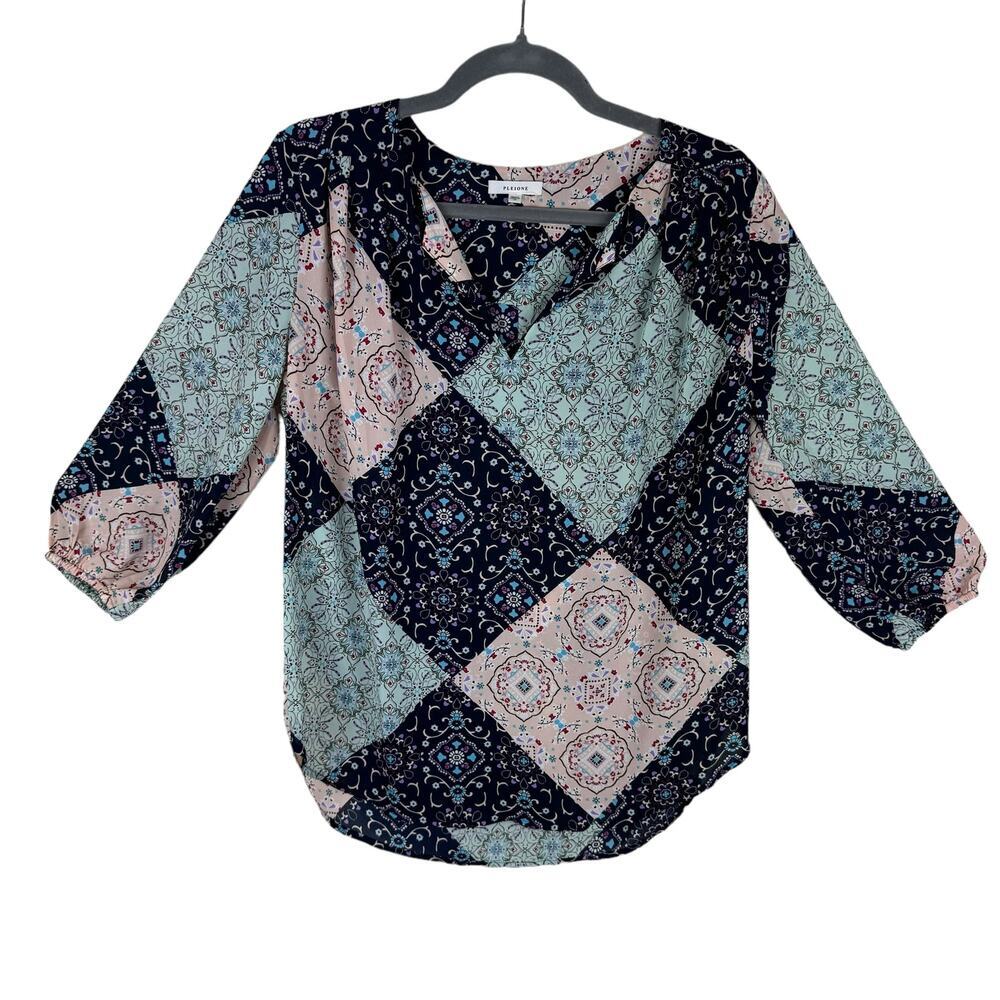 Pleione Navy, Light Blue & Blush Patchwork Print Blouse